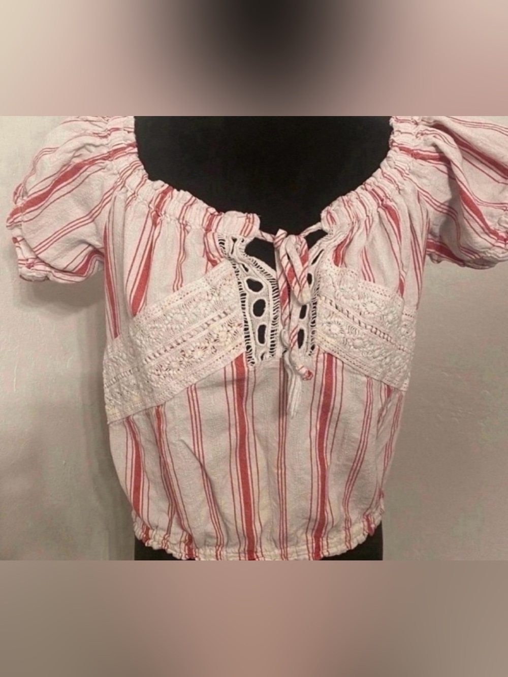 Women’s Short Sleeve Striped Pink Peasant Tie-Front Top (Size S)